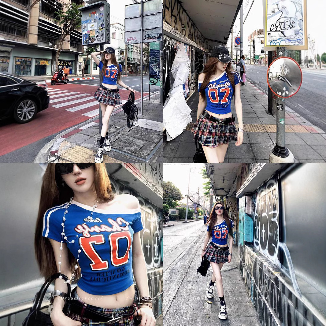 아메리칸 스타일 숄더 프린트 티셔츠 여성 여름 새로운 슬림 핏 슬리밍 스파이스 걸스 니치 칙 올매치 탑 반팔 Ins