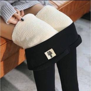 Autumn and Winter cross-border special fleece-lined thick leggings kitten brown leather label lambswool women's high waist tight warm pants