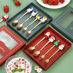 Cross-border stainless steel Christmas doll spoon coffee spoon creative dessert spoon cake fork children's spoon Christmas gift suit
