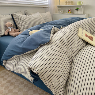 Amazon Cross-border Simple Washed Cotton Bed Four-piece Set Nordic Simple Plaid Quilt Cover Bed Sheet Homestay Three-piece Set