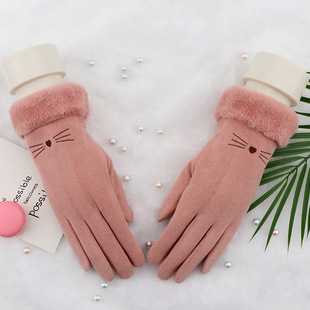 Double-sided velvet gloves women's cute cat double-layer fleece-lined thick fur mouth touch screen gloves