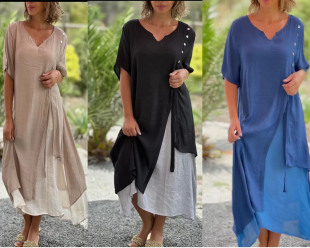 Fashion V-neck short sleeve fake two-piece asymmetric dress European and American women's cross-border 2023 Summer Amazon New