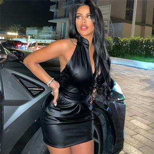 European and American Style 2022 Summer New Women's Fashion Backless Sexy Low-cut Slim Belt Hip PU Dress for Women