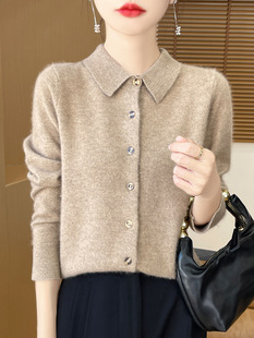 Wool Sweater Women's 100 Wool Knitted Cardigan Coat POLO Collar Base Shirt 24 Autumn and Winter Knitted Sweater Lapel