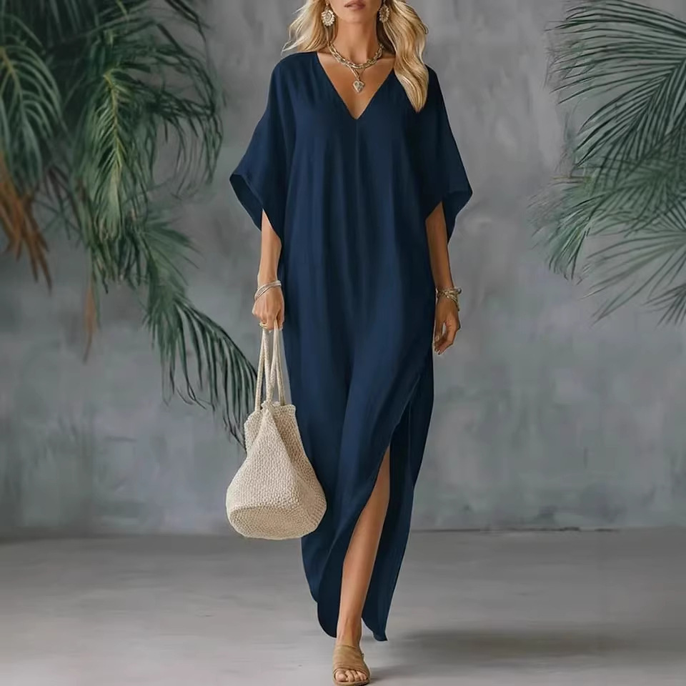 In-Stock 2026 Linen Thin Dress Amazon Cross-Border Foreign Trade European and American Women's Fashion New Summer V-Neck Loose Fit