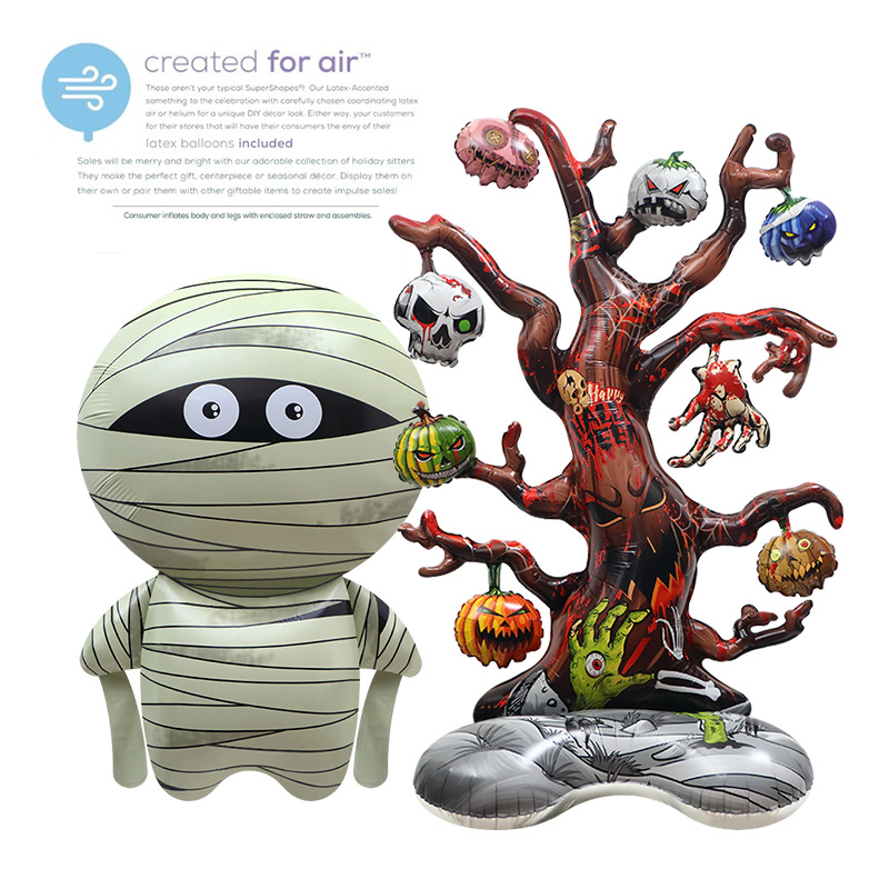 In stock Halloween party decoration balloons, 4D standing dead tree shaped cartoon aluminum foil balloons, cute mummy