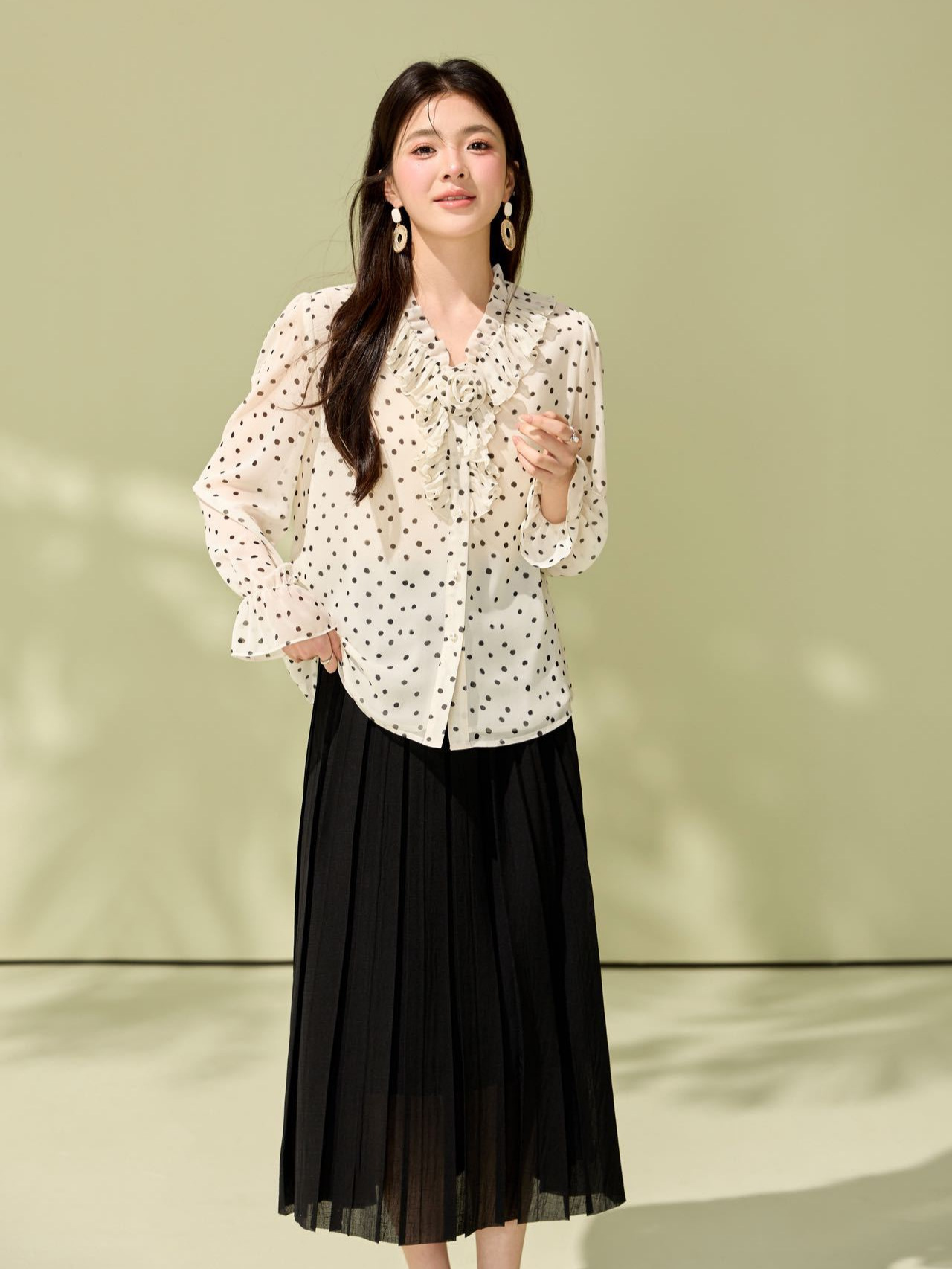 Chiffon Shirt with Ribbon and Polka Dots, Spring Commuter Shirt, Chic and Beautiful Top