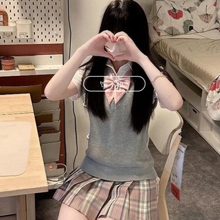 College Style suit Women's Stacked Pullover Knitted Sweater Vest Summer Original JK Uniform All-match Plaid Skirt Short Skirt