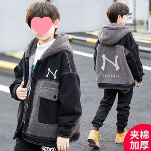 Children's Wear Boy's Coat Autumn and Winter 2024 New Boys Middle and Big Children's Cotton Thickened Lamb Velvet Hooded Top