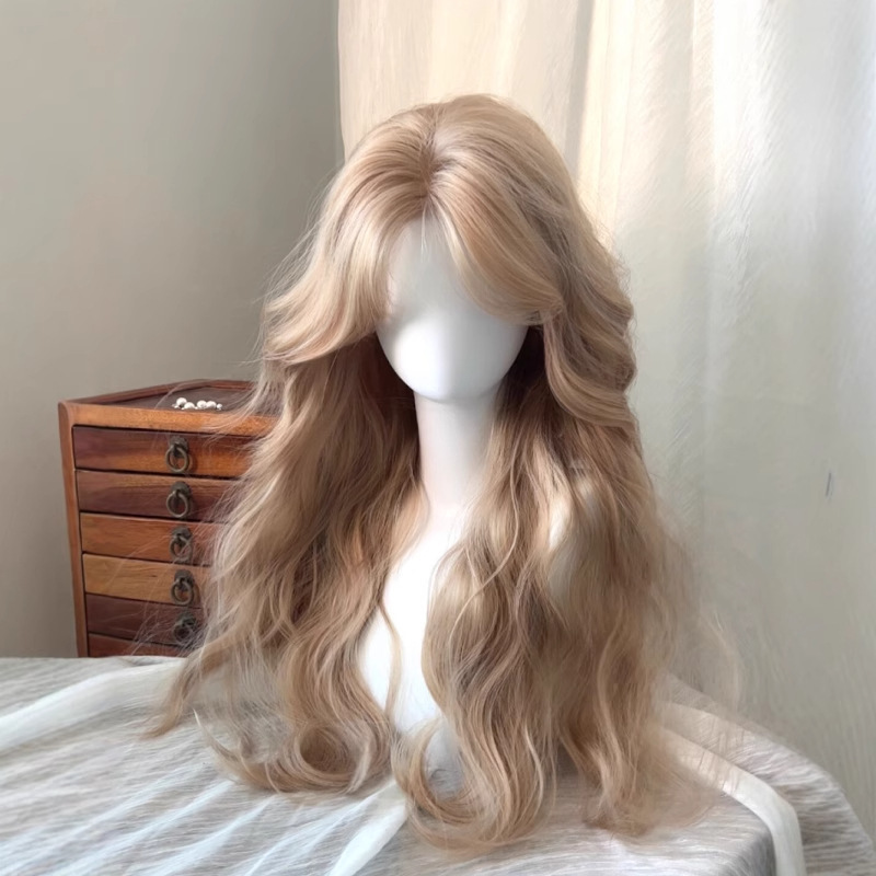 [Free Hair Net] Cream Barbie Gold Wig Women's Middle Milk White Rice Golden Egg Roll Long Curly Hair Full Head Cover