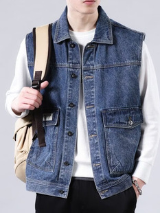 Spring and Autumn Fashionable Brand Denim Vest Jacket Men's New Fashionable All-match Loose Shoulder-waisted Men's Sleeveless Work Jacket
