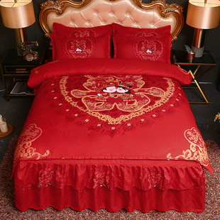 Autumn and winter thickened sanding double-layer bed skirt four-piece wedding four-piece bed skirt quilt cover pillowcase bedding wholesale
