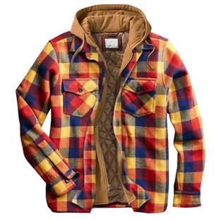 Foreign trade explosions men's European and American autumn and winter thick cotton plaid long sleeve loose hooded jacket coat