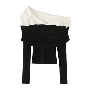 Korean Style Zhang Yuanying Same Style Oblique Collar Knitted Shirt Women's 2025 Early Season Pure Desire Elegant Shoulder Slim Fit Top Trendy