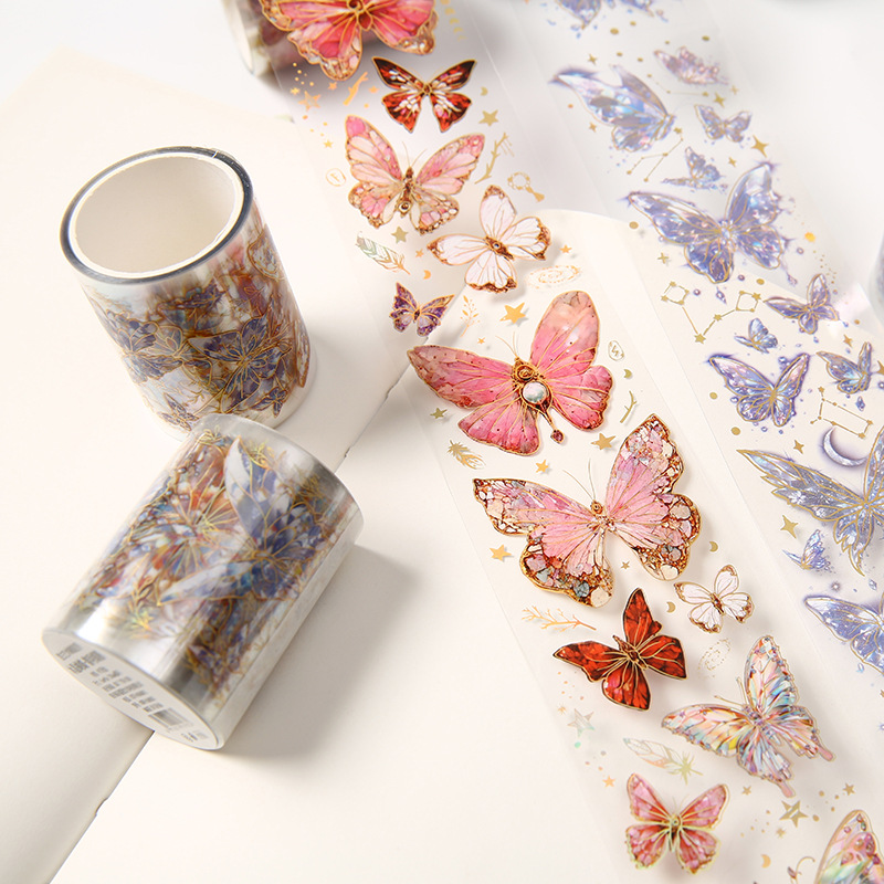 Gugu Forest Retro Journal Tape Pet Ice Crystal Butterfly Series Gold Foil Tape DIY Material Decorative Tape