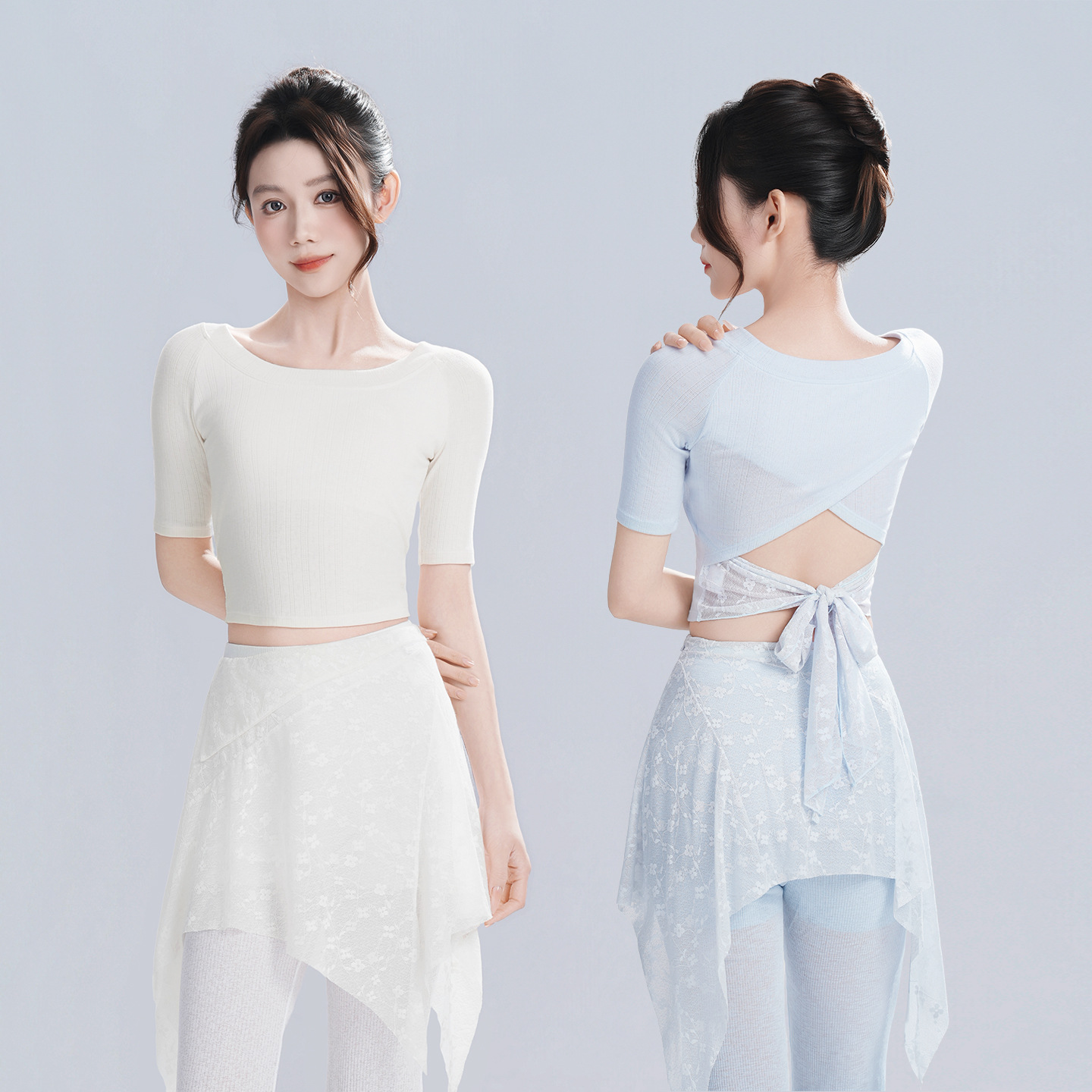Modern dance top for women, adult ballet practice wear, short-sleeved top with lace straps and bow on the back