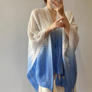 2024 New Gradual Color Knitted Tassel Ethnic Style Shawl Summer High-end Women's Thin Hollow-out Sunscreen Outer