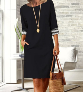 2024 New Cross-border European and American Women's Clothing Amazon Independent Station Crewneck Seven-point Sleeve Loose dress