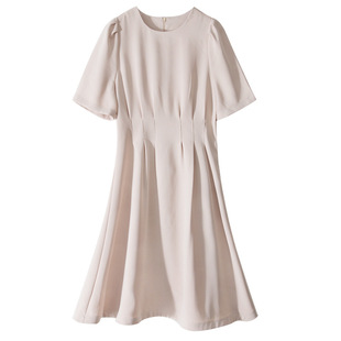 2023 Summer New Solid Color Round Neck Short Sleeve Dress Design Sense Niche Light Mature Style Elegant Retro Short Dress for Women