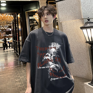 Rose Print Short-sleeved T-shirt Men's Pure Cotton Loose Sweet Cool American Fashion Brand Fashionable Loose Couple's Half-sleeved Top