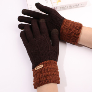 Winter wool knitted thickened men's and women's Jacquard brushed fashionable leather touch screen gloves women's warm cold-proof gloves