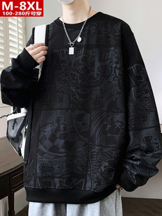 Spring and Autumn Trendy Hong Kong Style Men's Printed Round Neck Knitted Sweater Chubby Large Size Plus Size Loose Sports Casual Top