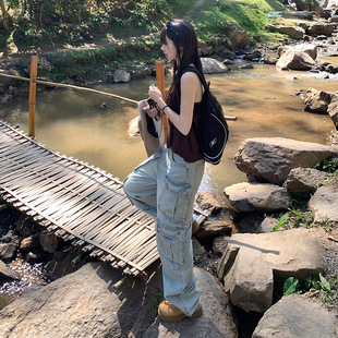 raccoon dog house# street wide leg overalls pants for men and women with multi-pocket casual fried street pants loose straight jeans