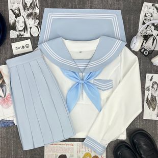 Water blue and white three sailor suit Japanese college style JK uniform spring and summer student class uniform middle clothing sweet girl costume