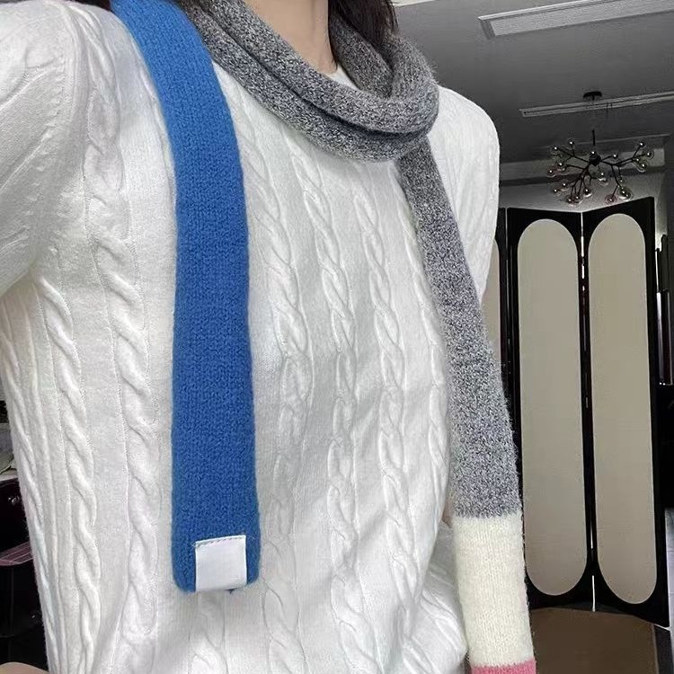 Korean Fashion Slim Strip Knitted Color-Blocked Woolen Small Scarf for Women with Atmospheric Colorfulful Stripesd Splicing Decorative Scarf