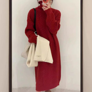 Autumn and Winter Thickened Warm Knitted Turtleneck Twist dress Women's Knitted Long Loose Over-the-knee All-match Base Sweater