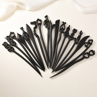 Ancient costume and antique black wood sandalwood hair hairpin simple carved wooden plate hair hair-pulling headdress wooden hairpin with summer accessories