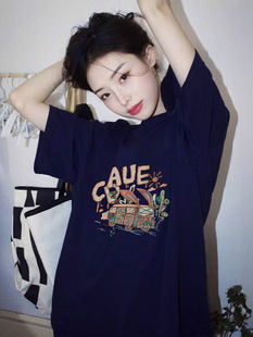 American Style Retro Letter Printing Pure Cotton Short-sleeved T-shirt Women's Sweet Girl Summer Design Sense Loose plus size Casual Top