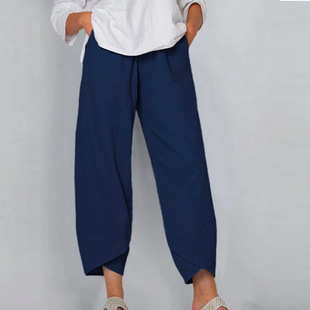 Spot Cross-border wish European and American Summer Casual Loose Cotton and Linen Butterfly Printed Wide-leg Pants for Women
