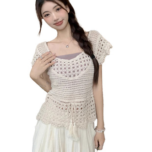 Summer Hollow Crochet Short-sleeved Top Korean Style Sweet Style Chic Backless Lace-up Tassel Flying-sleeved Sweater for Women