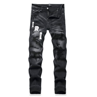 Spring and Summer Vintage Stitching Ripped Cloth Pants Men's Embroidered Slim-fit Skinny Pants Men's Stretch Embroidered Long Pants