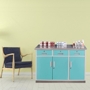 Steel 1 meter 2 wide blue and white color stainless steel surface disposal table school infirmary diagnosis and treatment table with drawer medicine cabinet