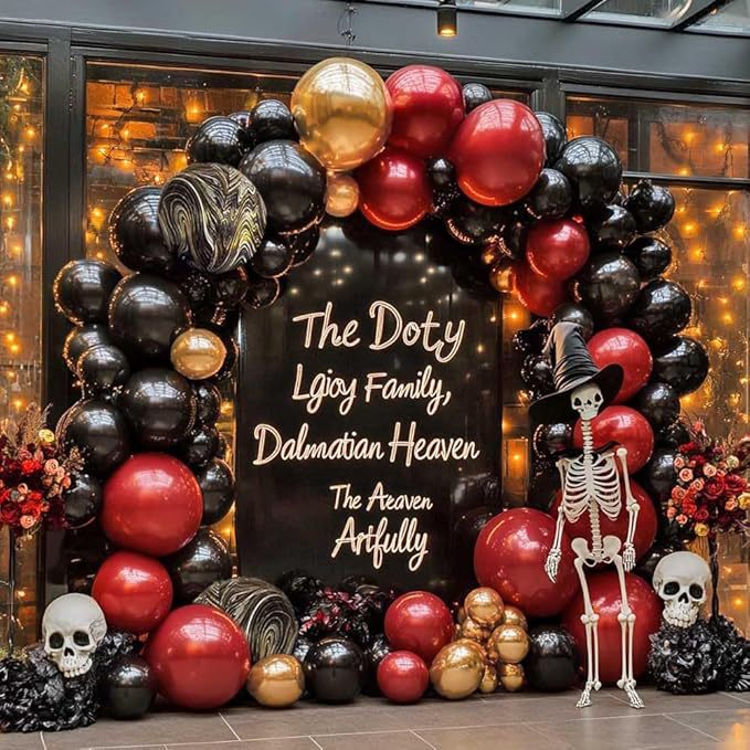 144-piece Red, Black, and Gold Balloon Gemstone Balloon Arch Set - Halloween Gothic Horror Party Decorations
