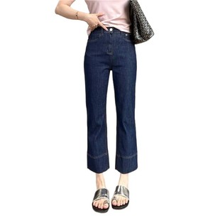 Cool Summer! Women's Slim-Fit Cigarette Pants with Four-Way Stretch, Cropped Length, Petite Soft Denim Baguette Pants