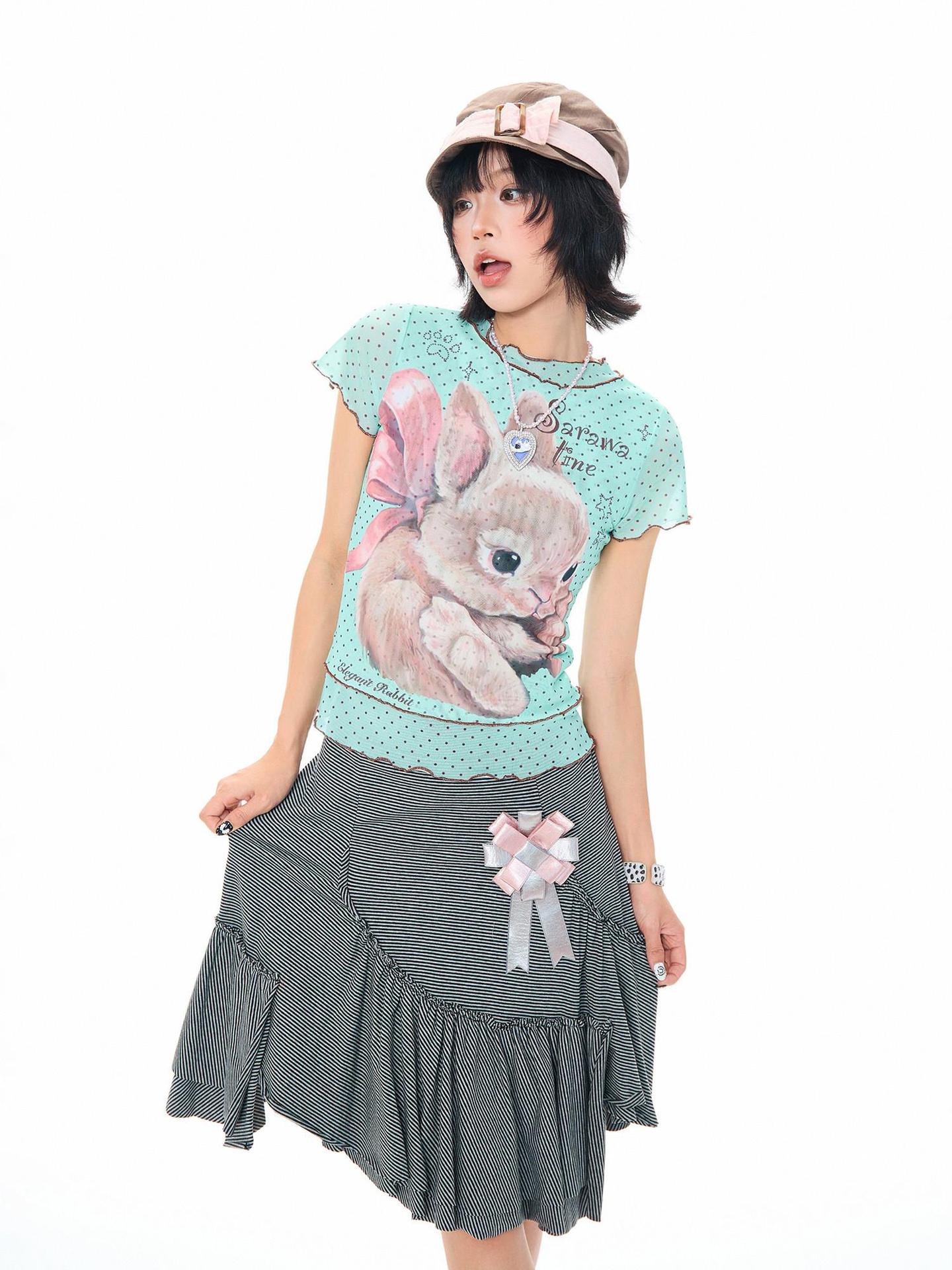 【Polyester Mesh】T-Shirt with a Faux Two-Piece Design, Cute Rabbit Polka Dots, Short Sleeves, Versatile, Slim Fit, Lightweight, for Women, Summer