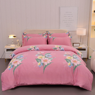 New Cotton High-Density Thickeneded Quilt Cover Autumn and Winter Pure Cotton Four-Piece Set Pure Color Printed Student Dormitory Bed Bed Sheets Three-Piece Set