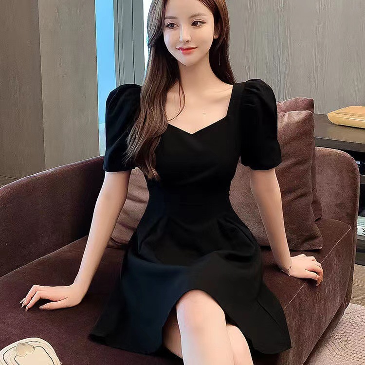여성을위한 프랑스 스타일 신중한 백리스 스퀘어 넥 퍼프 슬리브 레드 드레스 2025 허리 슬리밍 기질 연령 감소 스커트