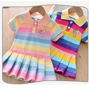 Girl's Summer Dress Animal Embroidery Student's Korean Style Children's Polo Shirt Color Red Strip Short Sleeve Skirt Baby Trendy