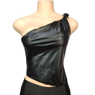 Cross-Border Amazon European and American Women's 2025 Spring & Fall Imitation Leather Matte One-Shoulder Waist Slant Sleeveless Vest Top