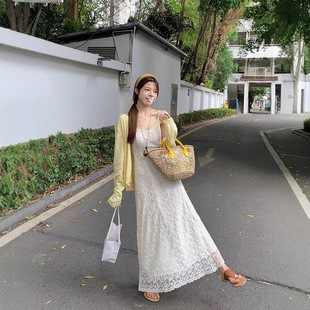 Summer 2025 New French apricot Sling dress Children's High-end Temperament Early Spring Lace Heavy Industry Long Dress