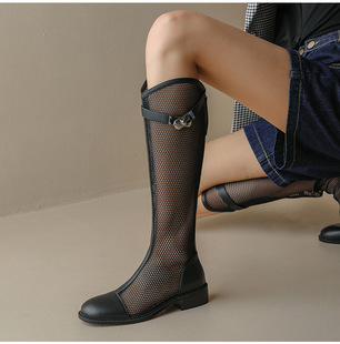 Boots Women's Summer Net Boots New Low Heel Breathable Hollow Out Long Boots Genuine Leather High Boots Large Size 4041 Cool Shoes