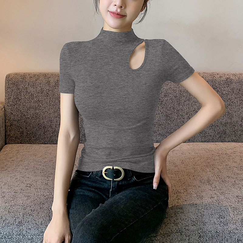 여성을위한 블랙 하프 터틀넥 반팔 티셔츠 2025 여름 새로운 디자인 양면 중공 슬림 피트 오른쪽 어깨 탑 트렌디
