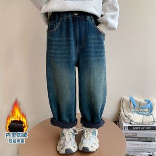 Girls' fleece-lined Jeans Autumn and Winter Thickened Korean Style One-piece Baby Straight Fashionable Western Style Winter Wear Children's Pants