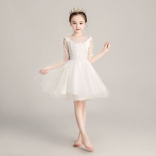 Girl's White Western Style Long Sleeve Princess Dress Flower Girl's Wedding Dress Children's Host Evening Dress Girl's Show Dress