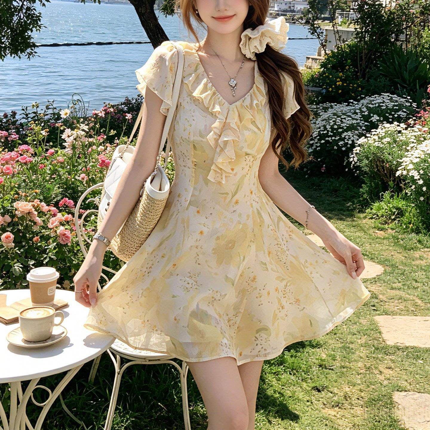 French-Style Sweet Design with Small Flying Sleeves and Floral Print Short Dress for Women, Perfect for Summer Seaside Vacations, Featuring a Cinched Waist and Ruffled Hem
