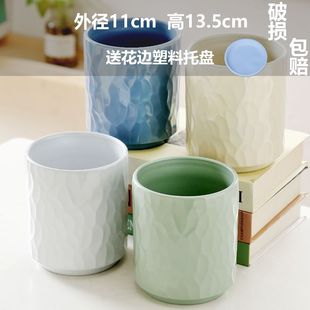 Morandi Straight Colorful Nordic Cylindrical Ceramic Flower Pot Indoor Breathable Fleshy Flowers Green Pot with Tray